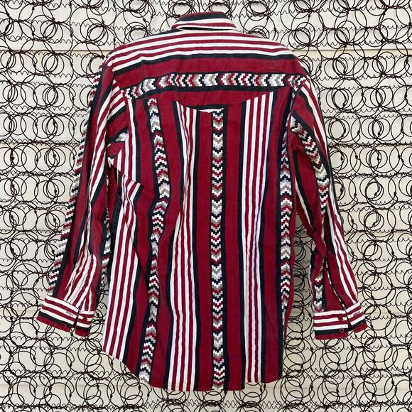 Vintage 90s Karman Aztec Maroon Stripe Southwestern Long Sleeve Button Up Shirt - Picture 2 of 6